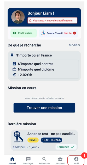 Écran de la section Profil de l'application SeekGuard